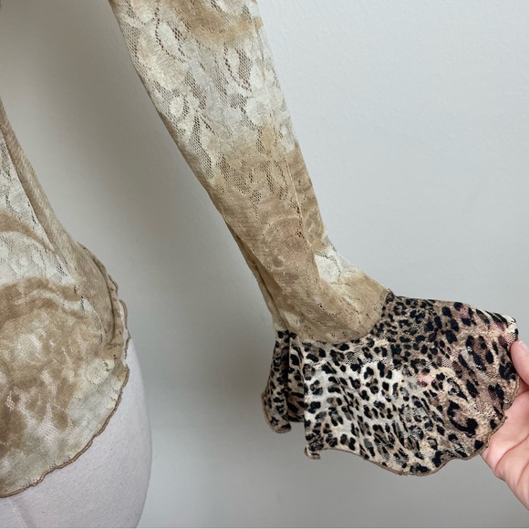 Papillon Blanc Brown Black Leopard Animal Print Ruffle Long Sleeve Blouse Top - Picture 5 of 6